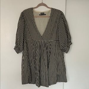 Ecote Black and Off-White Gingham V-Neck Babydoll Tunic